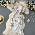 Puff-sleeve Square-neck Floral Slit Dress