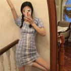 Balloon-sleeve Plaid A-line Dress Blue - One Size