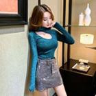 Long-sleeve Cutout Mock-neck Glitter Top / Rhinestone Fitted Mini Skirt