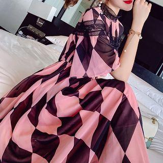Diamond Pattern Lace Trim Elbow-sleeve Midi A-line Dress