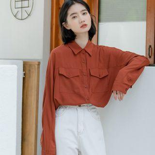 Long-sleeve Plain Shirt Wine Red - One Size