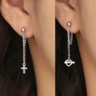 Cross & Heart Sterling Silver Asymmetrical Dangle Earring 1 Pair - Earrings - Silver - One Size