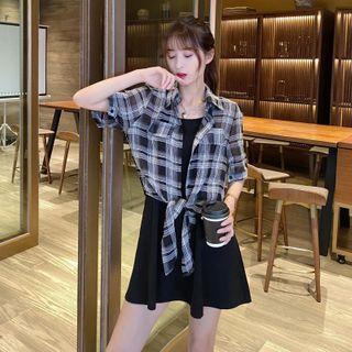 Plaid Elbow-sleeve Shirt / Spaghetti-strap Mini A-line Dress