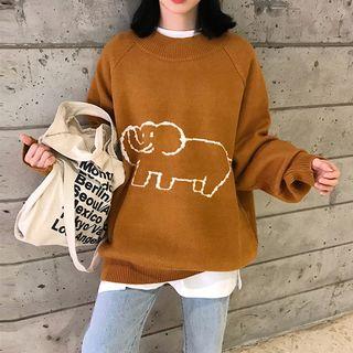 Long-sleeve Elephant Embroidered Knit Top
