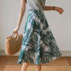 Band-waist Foliage Midi Flare Skirt