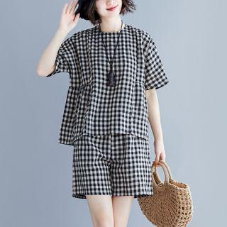 Set: Elbow-sleeve Plaid Top + Wide-leg Shorts