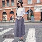 Set: 3/4-sleeve Sit-hem Top + Drawstring Button-accent Maxi Skirt