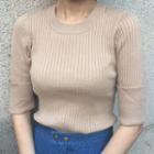 Ribbed Elbow-sleeve Knit Sweater