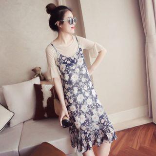 Elbow-sleeve Frill Trim Knit Top / Spaghetti Strap Floral Chiffon Dress