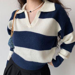 Striped Loose-fit Knit Top Blue - One Size
