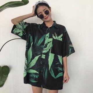 Leaf Print Elbow-sleeve Long Shirt