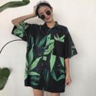 Leaf Print Elbow-sleeve Long Shirt
