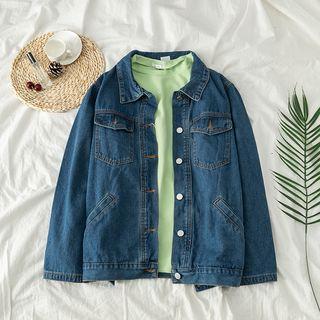 Set: Plain Long-sleeve Top + Loose-fit Denim Jacket