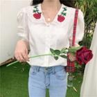 Lace-trim Rose Embroidered Short-sleeve Blouse White - One Size