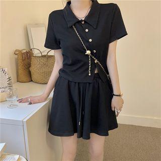 Set: Short-sleeve Plain Asymmetrical Top + Drawstring Plain Skort