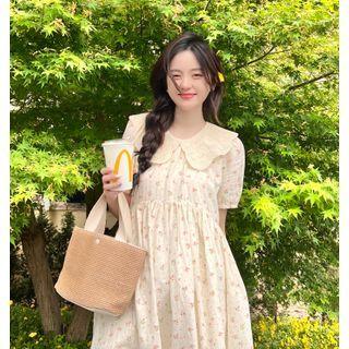 Short-sleeve Collar Floral A-line Dress Pink Floral - Beige - One Size