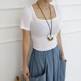 Square-neck Sheer Slim-fit T-shirt