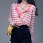 Striped Henley Knit Top Pink - One Size