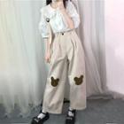 Bear Embroidered Cropped Wide-leg Pants / Flower Embroidered Cropped Harem Pants