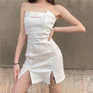 Strapless Lettering Embroidered Slit Mini Sheath Dress