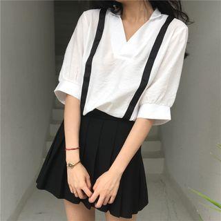 Set: V-neck Short-sleeve Chiffon Top + Pleated Suspender Mini Skirt