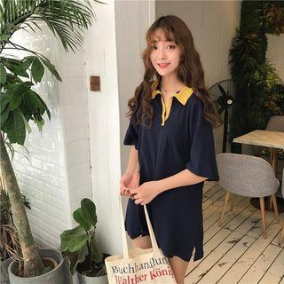 Contrast Collar Elbow-sleeve Polo Shirt Dress