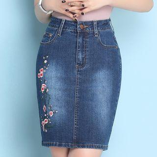 Flower Embroidered Denim Pencil Skirt