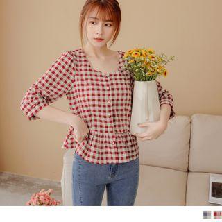 Elbow Sleeve Square Neck Check Peplum Blouse