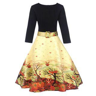 Print 3/4-sleeve A-line Dress With Belt