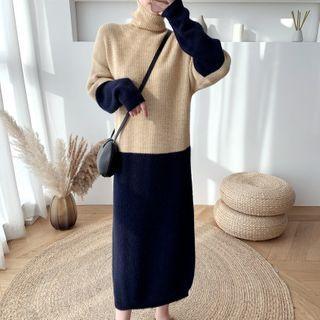 Color Panel Turtleneck Midi Sweater Dress Khaki & Navy Blue - One Size