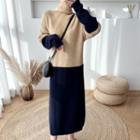 Color Panel Turtleneck Midi Sweater Dress Khaki & Navy Blue - One Size