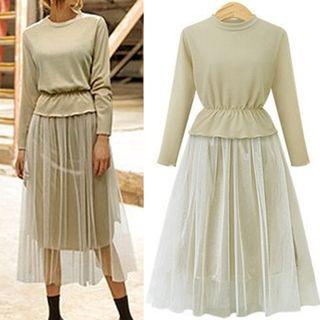 Long-sleeve Mesh Overlay Midi Dress