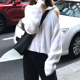 Cut Out Knit Zip Hooded Jacket
