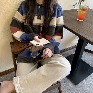 Long-sleeve Color Block Knit Polo Shirt