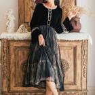 Long-sleeve Mesh Overlay Midi A-line Velvet Dress
