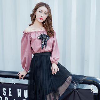 Set: Off-shoulder Top + Mesh Midi Skirt