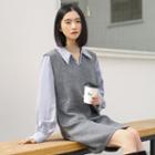 Long-sleeve Plain Shirt / Sleeveless V-neck Plain Knit Dress