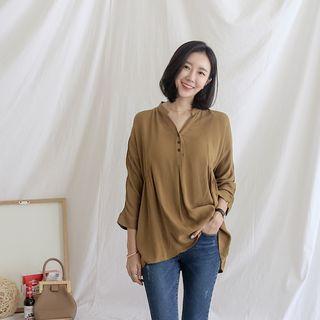 Open-placket Shirred-trim Blouse