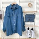 Set: Denim Smocked Tube Top + Denim Shirt Blue - One Size