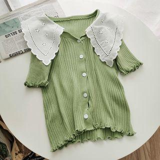 Short-sleeve Eyelet Lace Collar Buttoned Knit Top