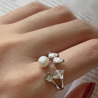 925 Sterling Silver Rhinestone Accent Pearl Open Ring Jz258 - One Size