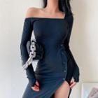Long-sleeve Button-up Slit Midi Dress