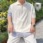 Elbow-sleeve Striped Trim Zip Polo Shirt