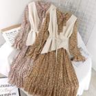 Set: Belted Asymmetric Knit Vest + Long-sleeve Floral Print A-line Dress
