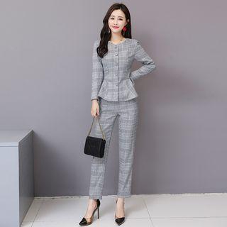 Set: Plaid Long-sleeve Buttoned Top + Plaid Dress Pants