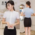 Frilled Neck Short-sleeve Dress Shirt / Mini Skirt
