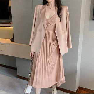 Plain Double-breasted Blazer / Spaghetti Strap Ruffle Midi A-line Dress