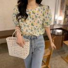 Puff-sleeve Flower Print Blouse Yellow Floral - Light Almond - One Size