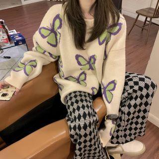 Round Neck Butterfly Loose-fit Sweater Almond - One Size