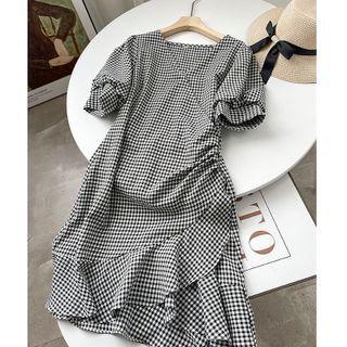 Short-sleeve Plaid Ruffle Trim A-line Dress
